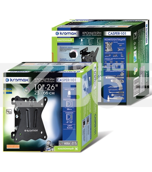 Кронштейн Kromax CASPER-101 черный, для LED/LCD ТВ 10'-26', 1 ст свободы, наклон +5°-15°, от стены 50 мм, max VESA 100x100 мм, max 15 кг