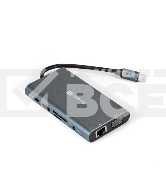 Док-станция ExeGate EX293985RUS DUB-31C/MAX (кабель-адаптер USB Type-C --> 3xUSB3.0 + Card Reader + PD 100W + HDMI 4K@30Hz + VGA + Audio + Lan RJ45 10/100/1000Mb, Plug&Play, серый)