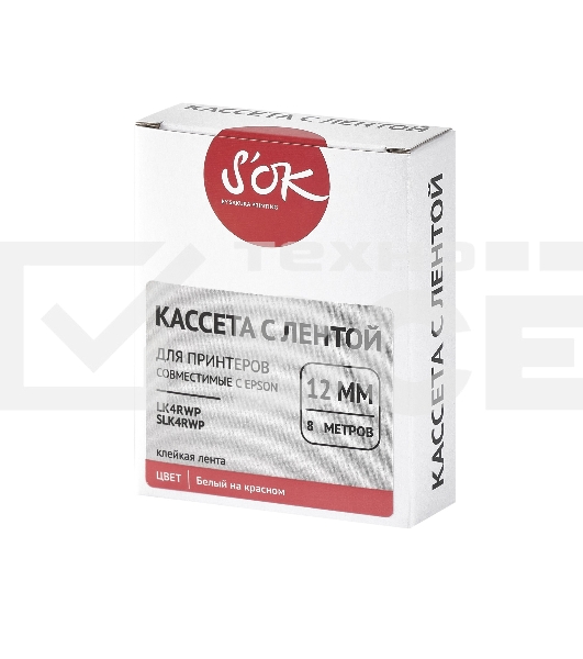 Кассета с лентой S'OK by Sakura Printing K4RWP для Epson, белый на красном, 12мм/8м