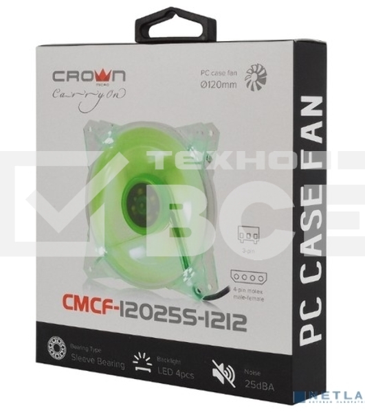 Вентилятор для корпуса Crown CMCF-12025S-1212 прозрачный/зеленый, 120 мм, 1650 об/мин, 28 дБ, 3 pin