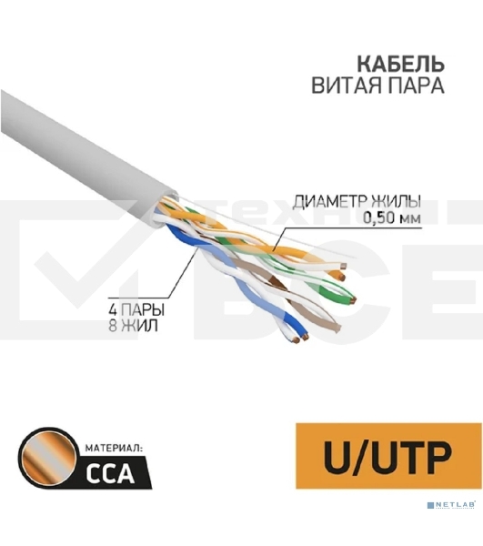 Кабель UTP PROconnect 4PR 24AWG, CCA, CAT5e, PVC, серый, бухта 50 м