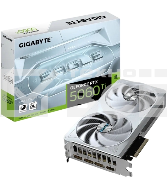 Видеокарта Gigabyte GeForce RTX 5060 Ti Eagle OC Ice, NVIDIA RTX 5060 Ti, 8 ГБ GDDR7, 128 бит, PCI-e 5.0, 1xHDMI, 3xDP, 2617 МГц