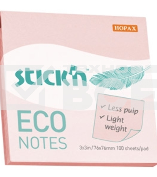 Блок самоклеящийся бумажный Stick`n ECO 21746 76x76 мм 100лист. 60г/м2 пастель розовый