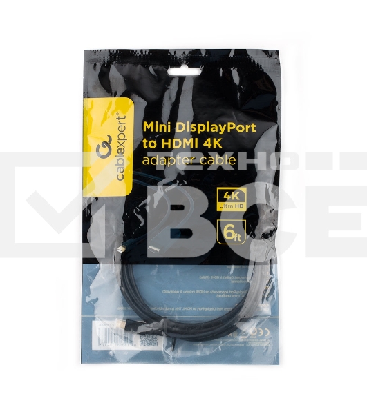 Кабель Cablexpert mDP-HDMI, 20M/19M, 1.8м, черный, позол.разъемы, пакет (CC-mDP-HDMI-6)