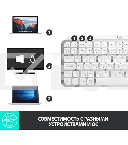 Клавиатура беспроводная Logitech MX Keys MINI (920-010502), USB, Bluetooth/Радиоканал, серебристый/белый