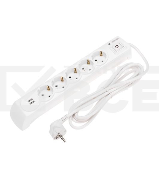 Сетевой фильтр 5 гнезд, 3м, 3х1,5мм², с автовыкл, 2 USB, белый KRANZ