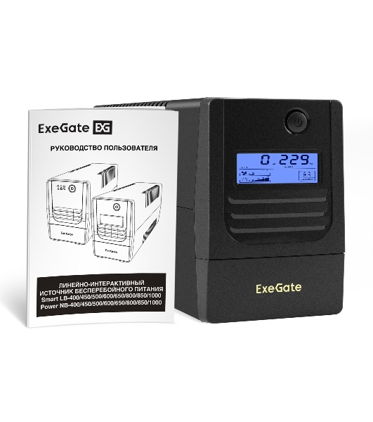 ИБП ExeGate Smart LB-600.LCD.AVR.2SH (600VA/360W, LCD, AVR, 2*Schuko, батарея 12V 7.2Ah, Black)