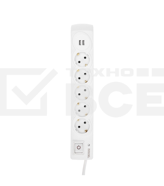Сетевой фильтр 5 гнезд, 3м, 3х1,5мм², с автовыкл, 2 USB, белый KRANZ