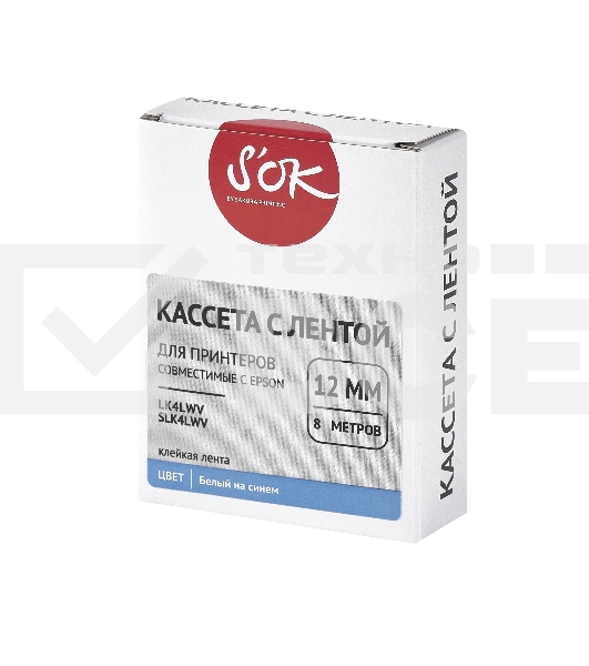Кассета с лентой S'OK by Sakura Printing K4LWV для Epson, белый на синем, 12мм/8м