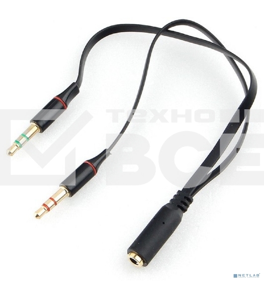 Кабель аудио Cablexpert CCAB-02-35F2M-0.2MB. 3.5 Jack 4pin(F)/2х 3.5 Jack(M) наушники и микрофон, черный, 0.2м, блистер