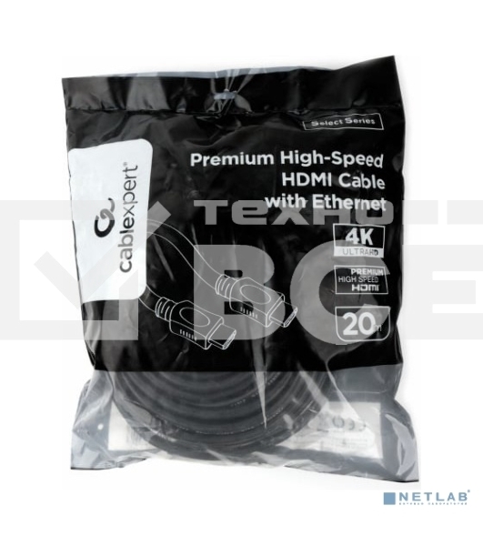 Кабель HDMI Cablexpert CC-HDMI4L-20M, 20м, v2.0, 19M/19M, серия Light, черный, позол.разъемы, экран, пакет