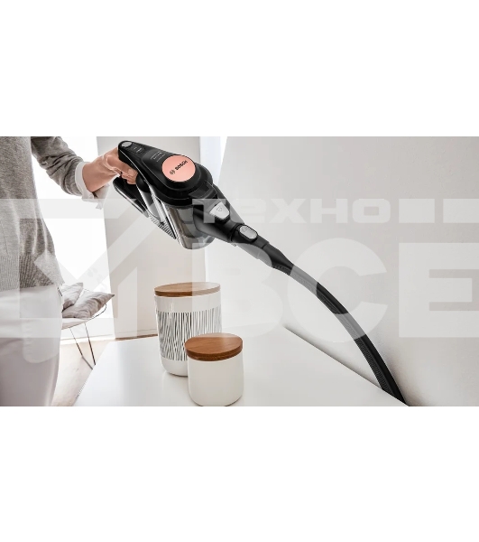 Пылесос вертикальный Bosch BCS8214PRQ, черный, питание от аккумулятора, 500 Вт, уборка сухая, пылесборник 0.4 л, работа от АКБ max 65 мин.