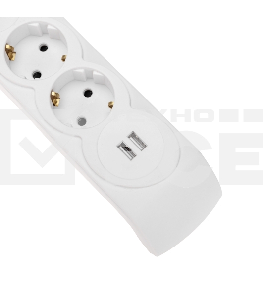 Сетевой фильтр 5 гнезд, 3м, 3х1,5мм², с автовыкл, 2 USB, белый KRANZ