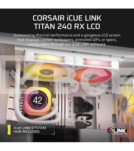 Система жидкостного охлаждения Water Cooling System Corsair iCUE LINK TITAN 240 RX LCD (240мм, белый, RGb/Fans: 2x120мм, 73.5CFM, 36dBA, 2100RPM/S: 1851, 1700, AM5, AM4)