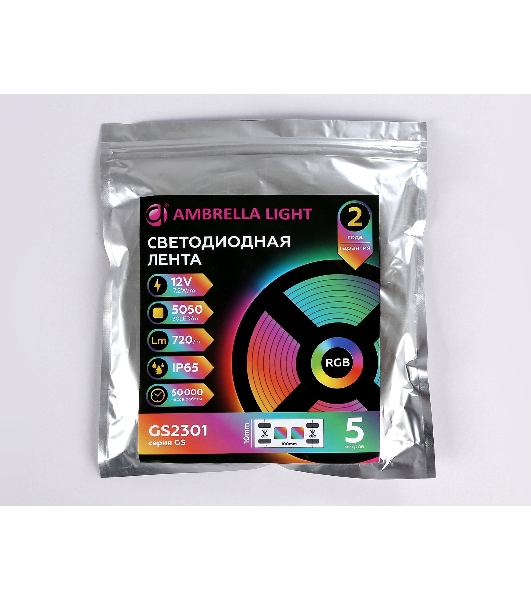 Светодиодная лента Ambrella light GS2301 5050 30Led/ 7.2W m/ 12V IP65 RGB/ 5000*10*2.87mm (4 конт.)