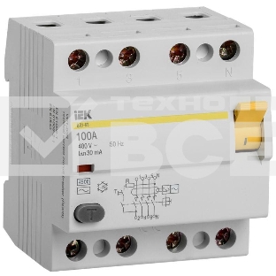 Выключатель дифференциального тока IEK 4п 100A 30mA тип AC ВД1-63 ИЭК MDV10-4-100-030
