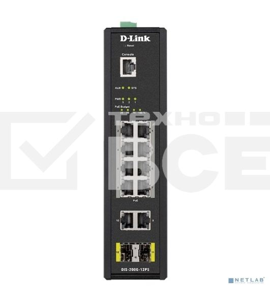 КоммутаторD-Link DIS-200G-12PS/A1A, L2 Managed Industrial Switch with 10 10/100/1000Base-T and 2 1000Base-X SFP ports (8 PoE ports 802.3af/802.3at (30 W), PoE Budget 123 W)8K Mac address, 802.3x Flow Control,