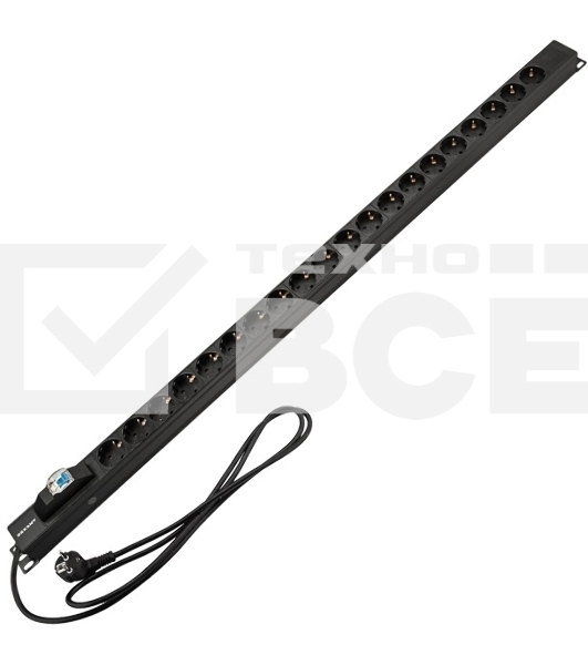 Блок распределения питания Rexant для 19' шкафов, вертикальный, 20 розеток СЕЕ 7/4, 16А, автомат защиты, алюм корп, шнур 2м, вилка СЕЕ 7/7