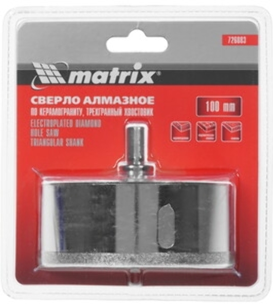 Сверло алмазное Matrix по керамограниту, 14 х 67 мм, 3-гранный хвостовик