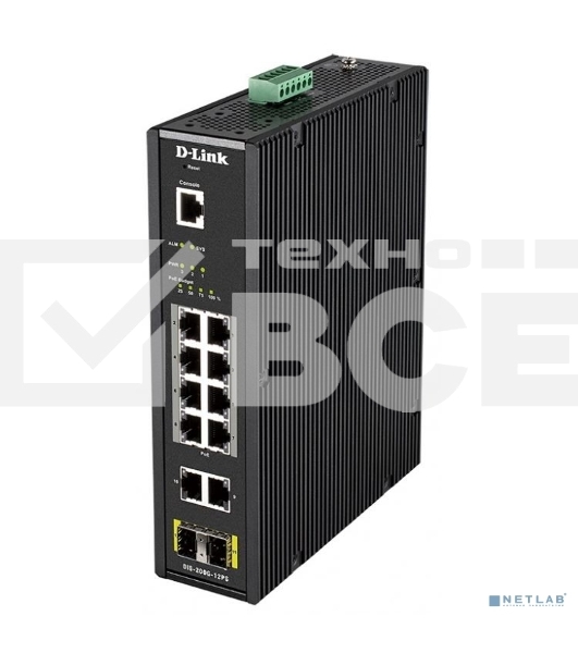КоммутаторD-Link DIS-200G-12PS/A1A, L2 Managed Industrial Switch with 10 10/100/1000Base-T and 2 1000Base-X SFP ports (8 PoE ports 802.3af/802.3at (30 W), PoE Budget 123 W)8K Mac address, 802.3x Flow Control,