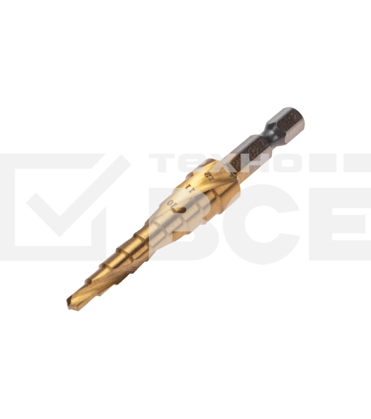 Сверло ступенчатое Kranz 4-5-6-7-8-9-10-11-12мм, Р6М5, ТИТАН, шестигр. хвостовик