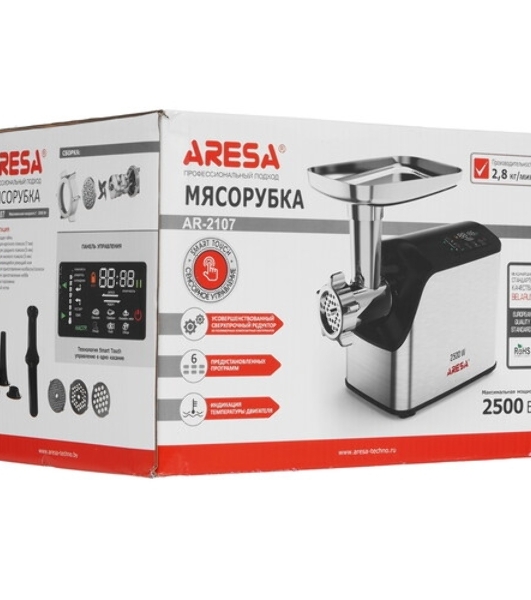 Мясорубка электрическая ARESA AR-2107 серебристый, 2500 Вт, 2.8 кг/мин, реверс, защита от перегрузки, насадки - 5