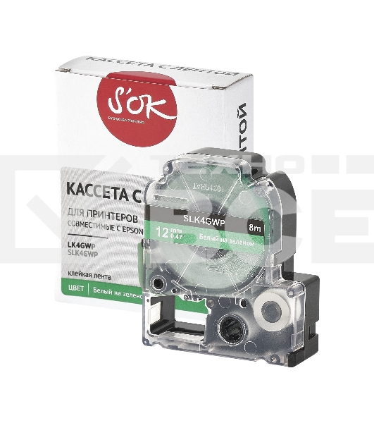 Кассета с лентой S'OK by Sakura Printing K4GWP для Epson, белый на зеленом, 12мм/8м