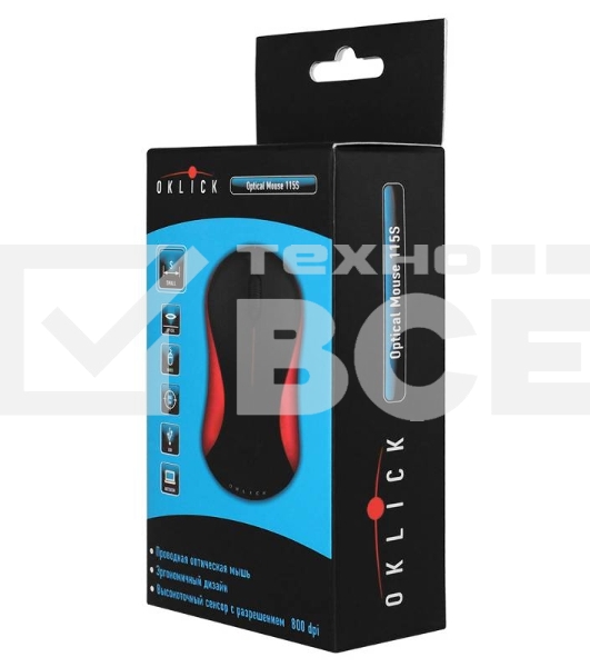 Мышь проводная Oklick 115S черный/красный, 1200 dpi, USB, кнопки - 3