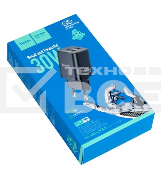 Сетевое зарядное устройство HOCO N13 Bright PD30W+QC3.0 два порта (1*USB-A, 1*Type-C), черный