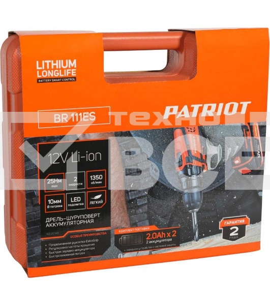 Дрель-шуруповерт Patriot BR 111ES, Аккумуляторная, 12В, 2 АКБ, Кейс