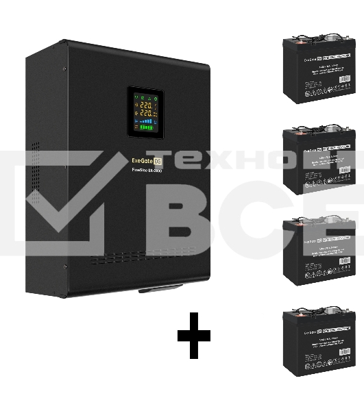 Комплект Источник бесперебойного питания EX296003RUS + батарея 55Aч EX285667RUS 4шт (инвертор, синус, для котла, настенный) ExeGate FineSine SX-3000.LCD.AVR.2SH.T <3000VA/2100W, чистая синусоида, цветной LCD-дисплей, AVR, 2*Schuko+клеммы, линейно-интеракт