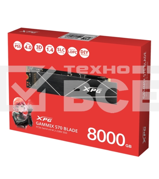 Накопитель SSD ADATA XPG GAMMIX BLADE S70, 8Tb, PCIe 4.0 x4, M.2 2280, NVMe, R/W 7300/6300