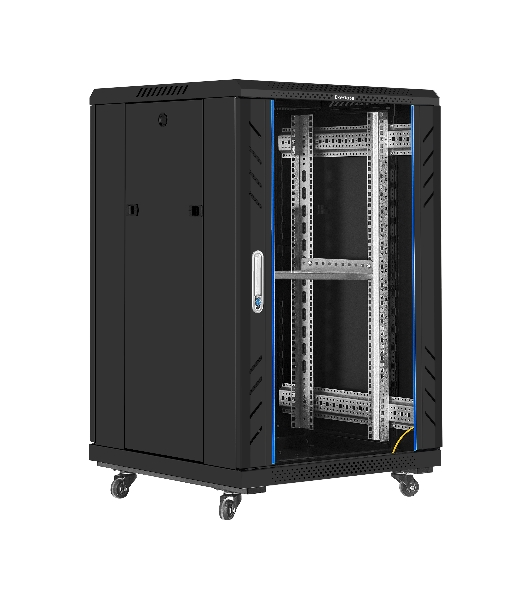 Шкаф телекоммуникационный 19' напольный 18U ExeGate EC-FS-18U.600.800.G.BLACK (19”, 18U, 600x800x987mm (ШхГхВ), передняя дверь закаленное стекло, задняя перфорированная дверь, съемные боковые панели, пыле- и влагозащита IP20, встроенный вентиляционный модуль, 1 полка в комплекте, черный RAL 9004, 3 коробки)