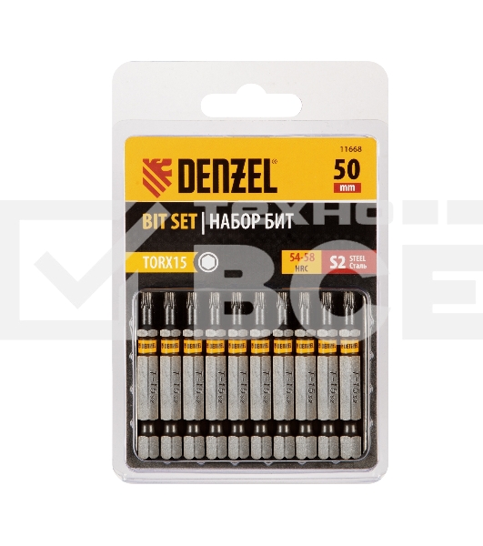 Набор бит TORX 15х50, сталь S2, шестигранный профиль, 10 шт. Denzel