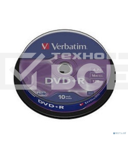 Диск DVD+R Verbatim 4.7Gb 16x Cake Box (10шт) (43498)