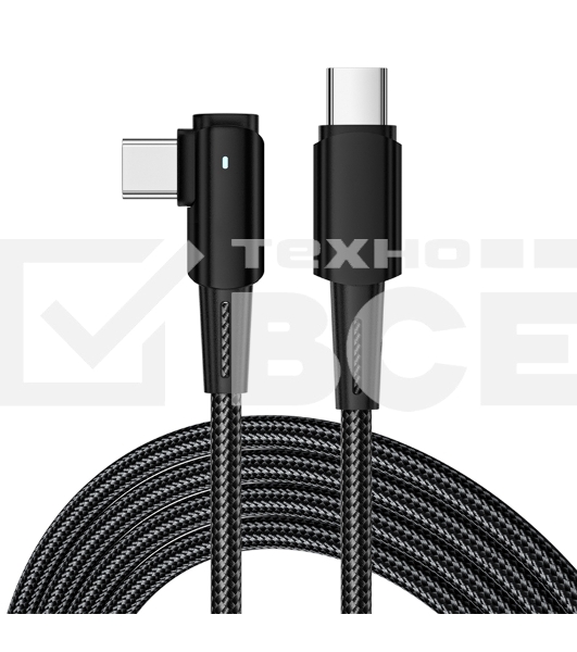 Кабель Rexant Type-C – Type-C, 5А, 100Вт, 1м, в черной нейлоновой оплетке, с угловым штекером и световой индикацией