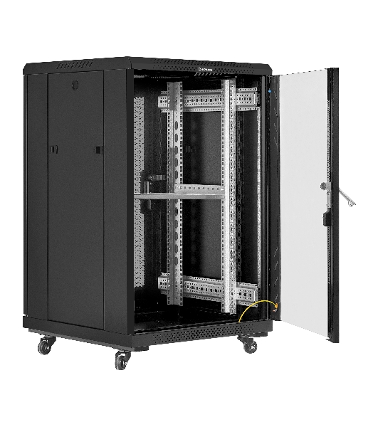 Шкаф телекоммуникационный 19' напольный 18U ExeGate EC-FS-18U.600.800.G.BLACK (19”, 18U, 600x800x987mm (ШхГхВ), передняя дверь закаленное стекло, задняя перфорированная дверь, съемные боковые панели, пыле- и влагозащита IP20, встроенный вентиляционный модуль, 1 полка в комплекте, черный RAL 9004, 3 коробки)