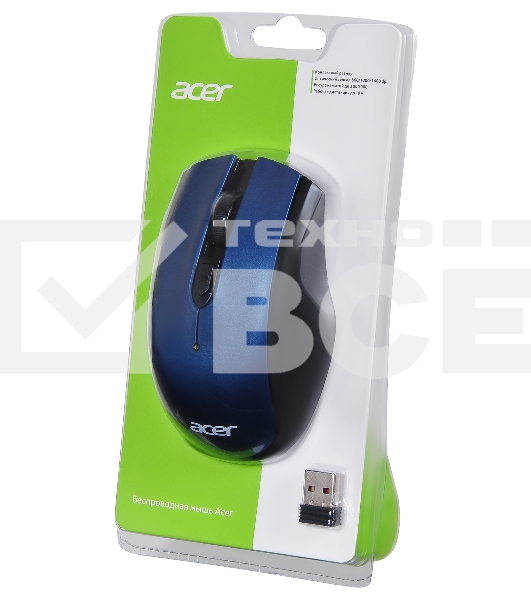 Мышь беспроводная Acer OMR031 черный/синий, 1600 dpi, радиоканал, USB, кнопки - 4