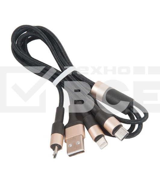 Кабель USB HOCO X26 Xpress 3 в 1 для Lightning, Micro USB, Type-C, 2.0A, длина 1.0м, черный с золотым