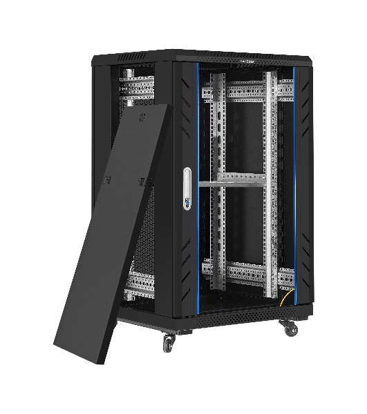 Шкаф телекоммуникационный 19' напольный 18U ExeGate EC-FS-18U.600.800.G.BLACK (19”, 18U, 600x800x987mm (ШхГхВ), передняя дверь закаленное стекло, задняя перфорированная дверь, съемные боковые панели, пыле- и влагозащита IP20, встроенный вентиляционный модуль, 1 полка в комплекте, черный RAL 9004, 3 коробки)