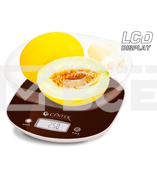 Весы кухонные Centek CT-2456 (шоколад) электр., max 7кг(!!!), шаг 1г, большая съемная чаша, дисплей