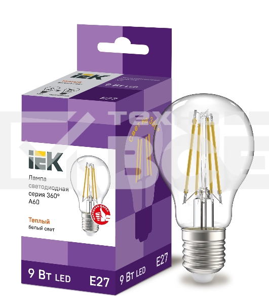 Лампа LED A60 Iek LLF-A60-9-230-30-E27-CL шар прозр. 9Вт 230В 3000К E27 серия 360°