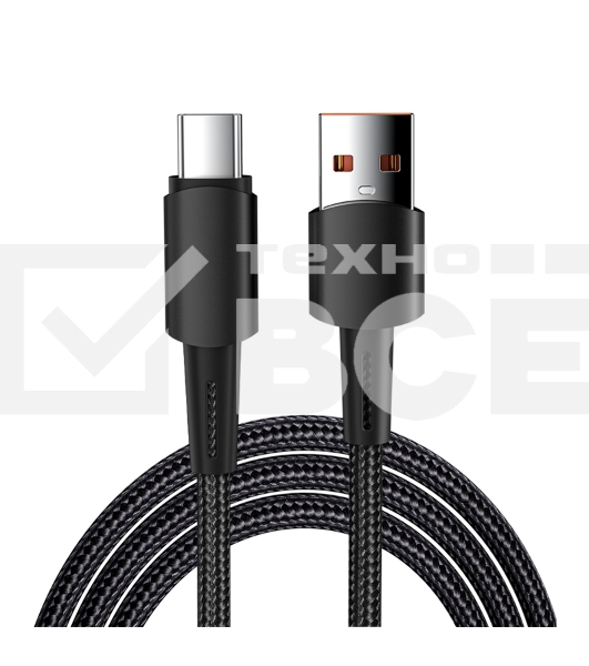 Кабель USB-A – Type-C, 6А, 120Вт, 1м, в черной нейлоновой оплетке Rexant