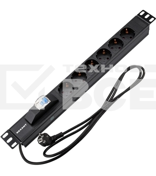 Блок распределения питания Rexant для 19' шкафов, горизонтальный, 6 розеток СЕЕ 7/4, 16A, автомат защиты, алюм корп, шнур 2м, вилка СЕЕ 7/7