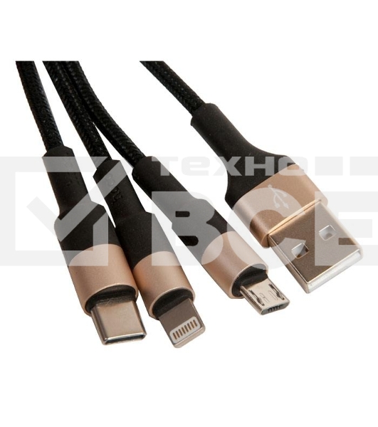 Кабель USB HOCO X26 Xpress 3 в 1 для Lightning, Micro USB, Type-C, 2.0A, длина 1.0м, черный с золотым