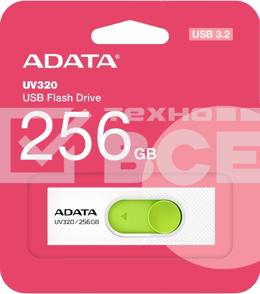 Флешка USB ADATA UV320 (AUV320-256G-RWHGN), 256Gb, USB 3.2 Gen1, R/W 100/30, белый/зеленый