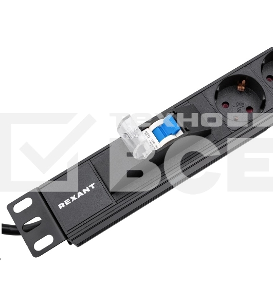 Блок распределения питания Rexant для 19' шкафов, горизонтальный, 6 розеток СЕЕ 7/4, 16A, автомат защиты, алюм корп, шнур 2м, вилка СЕЕ 7/7