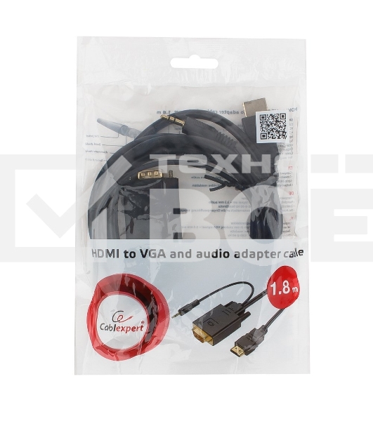 Кабель HDMI->VGA Cablexpert A-HDMI-VGA-03-6, 19M/15M + 3.5Jack, медь, позол.разъемы, 1.8м, черный, пакет