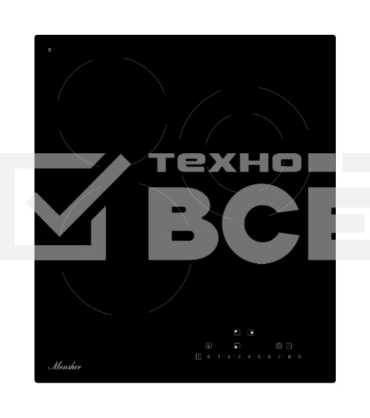 Варочная панель Monsher, Hi-Light, High-Tech, 45 см, 9 уровней мощности, блокировка управления, автоматическое отключение, таймер, слайдерное управление, черный