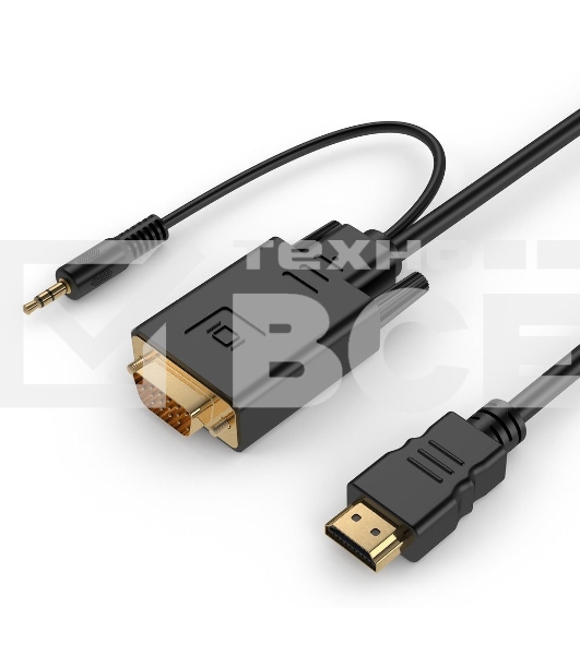 Кабель HDMI->VGA Cablexpert A-HDMI-VGA-03-10, 19M/15M + 3.5Jack, медь, позол.разъемы, 3м, черный, пакет
